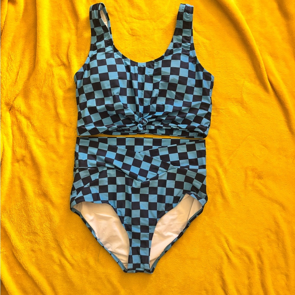 Blue Checkerboard High-Waist Bikini Set with Knot-Front Top